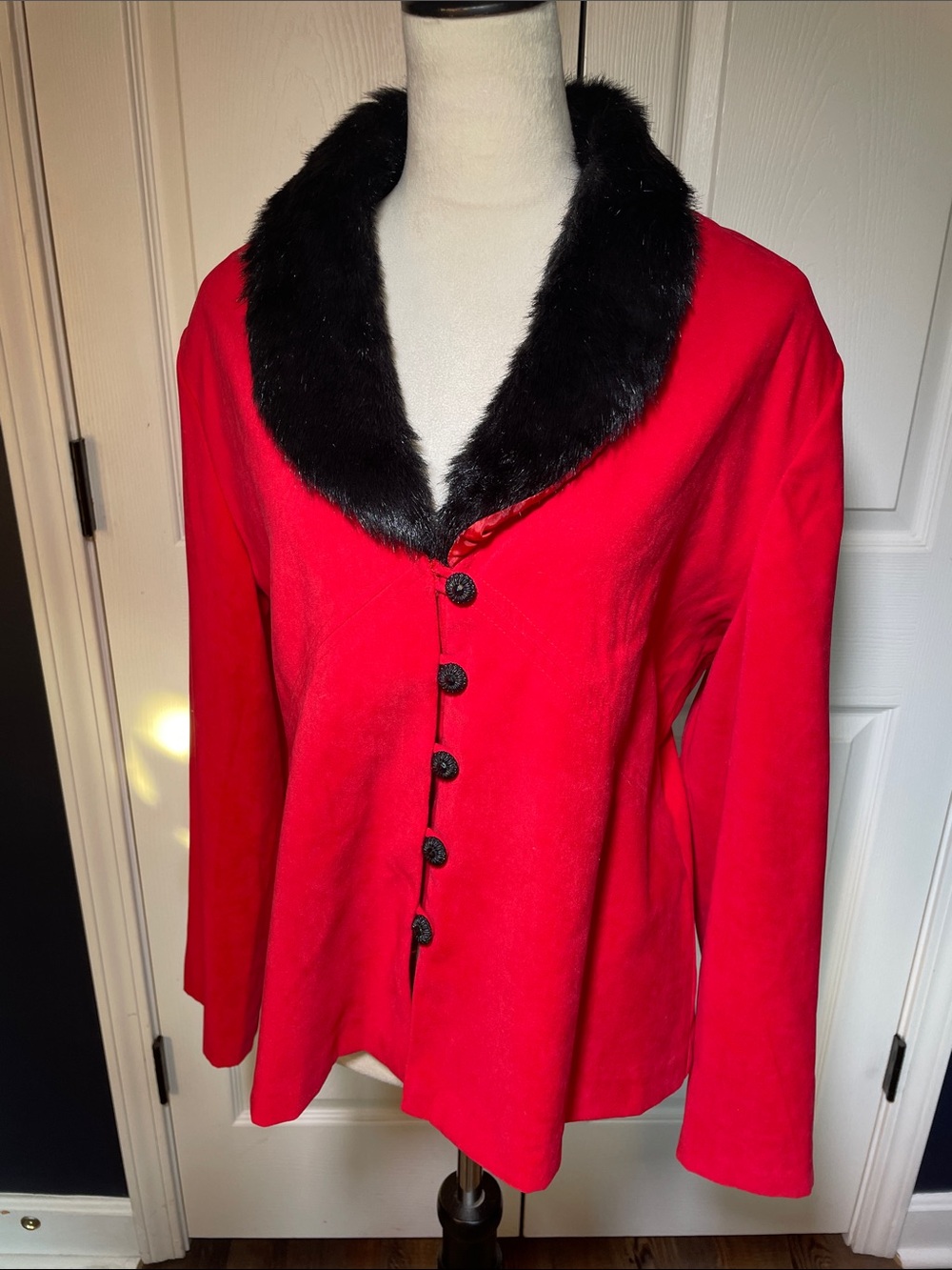 Vintage R&K Originals Red Blazer Jacket Black Faux Fur Collar Holiday Sz 16